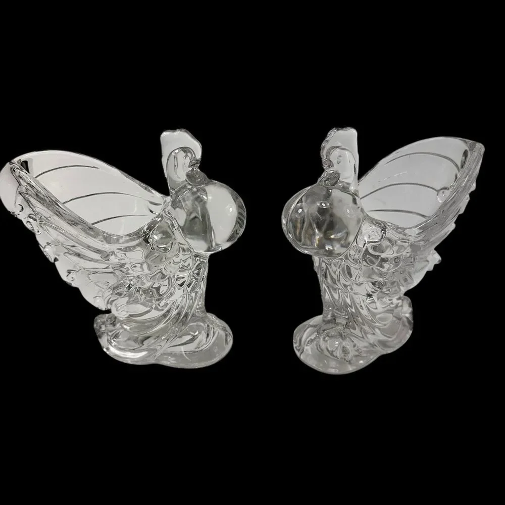 2 Vintage Heisey Glass Clear Chanticleer Rooster Chicken Animal 6
